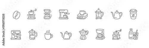 Collection of colorful line art icons representing various coffee making tools and beverages