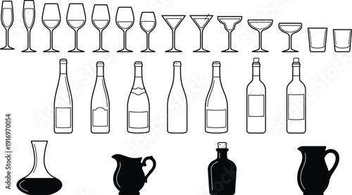 Wine glass set and alcohol bottle silhouettes featuring champagne flutes martini glasses decanters and jugs for bar menu and restaurant design,