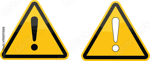 Yellow triangle warning signs with exclamation marks for hazard alert safety notification caution attention danger security and risk management icons,