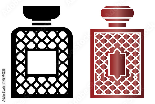 Two ornate perfume bottles are displayed one black and one red with detailed lattice work