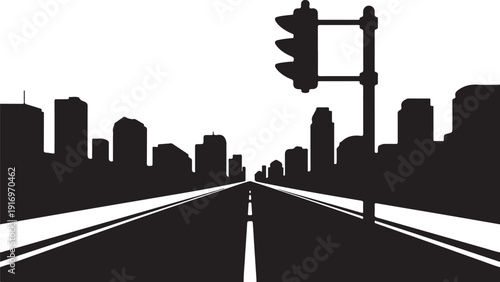 Black and white city skyline with traffic light on empty road