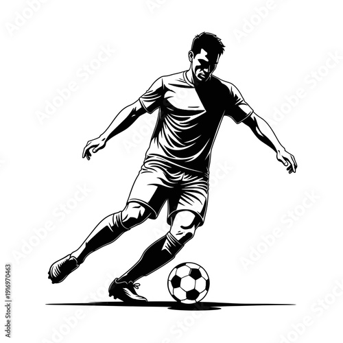 Soccer player dribbling ball on field showing dynamic movement in vector illustration