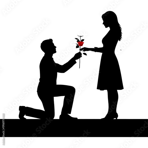 Man proposing to woman with red rose on knee silhouette on transparent background