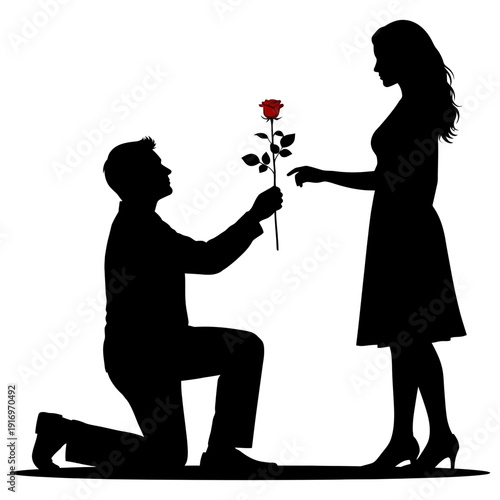 Man proposing to woman with red rose on knee silhouette on transparent background
