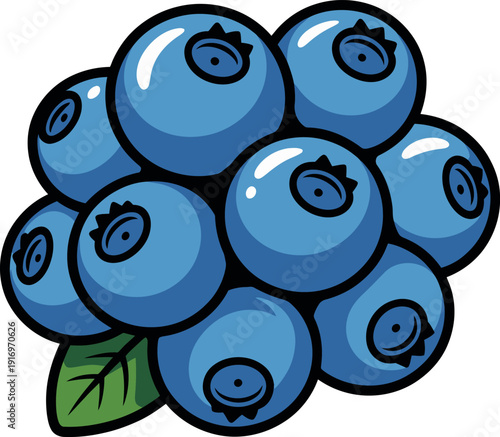 A cluster of plump dark blue blueberries with a single green leaf is displayed