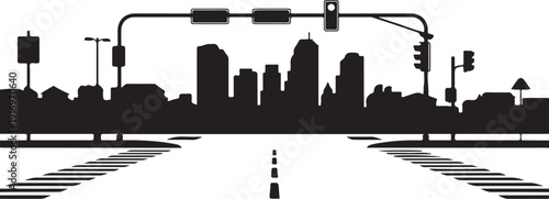 Black and white city skyline with traffic lights and crosswalk
