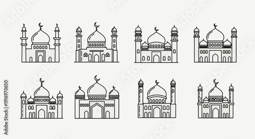 Elegant Mosque Line Art Icons Collection for Ramadhan Kareem Celebrations and Islamic Cultural Designs