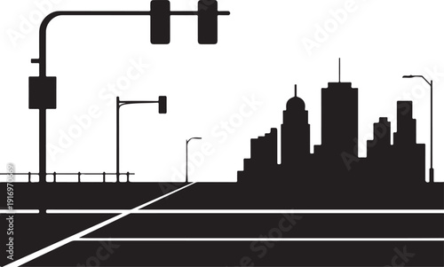 Black and white city skyline with traffic lights and road markings