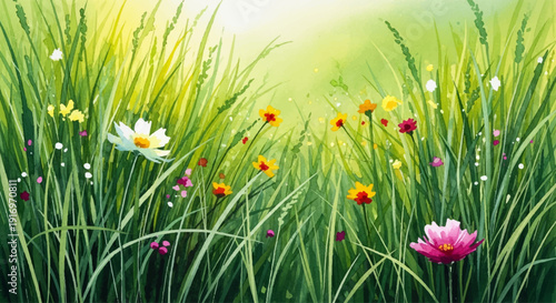 Vibrant watercolor painting of a lush meadow with colorful wildflowers and sunlit green grass
