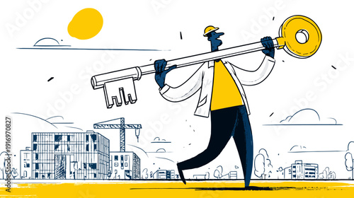 Illustration of a person carrying a giant key in front of buildings, construction site, and sky