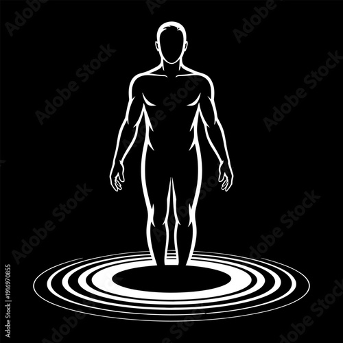 A stark white human figure stands above concentric circles on a black background