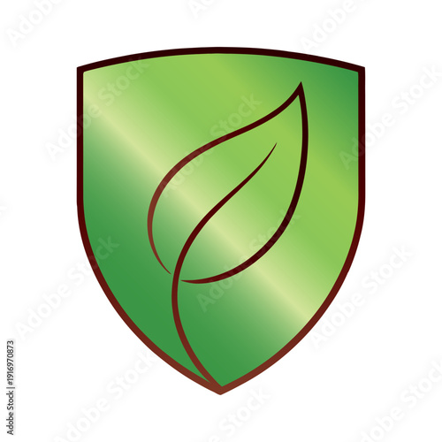 A vibrant green shield shape features a delicate stylized leaf illustration