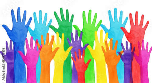 Vibrant watercolor hands raised in diverse colors, symbolizing unity, community, and participation, painted with expressive brushstrokes