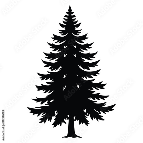 evergreen tree silhouette line art vector illustration with a white background