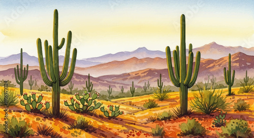 Serene Desert Landscape A Vibrant Watercolor Painting of Saguaro Cacti and Arid Terrain Under a Warm Sunset Sky