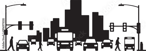 Black and white city traffic scene with buildings and vehicles