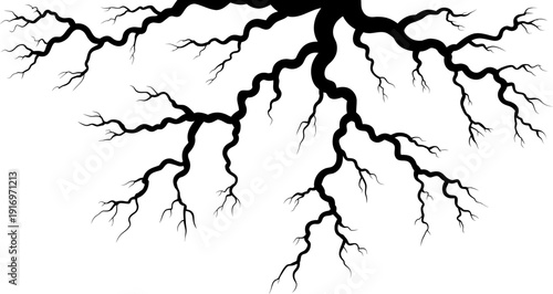 Abstract depiction of tangled dark branches against a stark white background