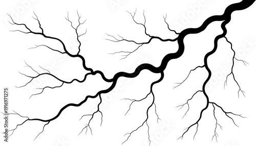 A stark black and white illustration depicting a network of branching lightning like lines