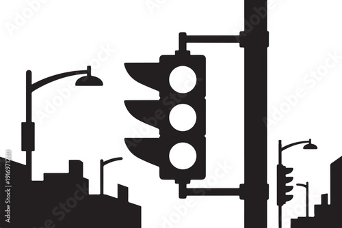 Black and white cityscape with traffic light and street lamps