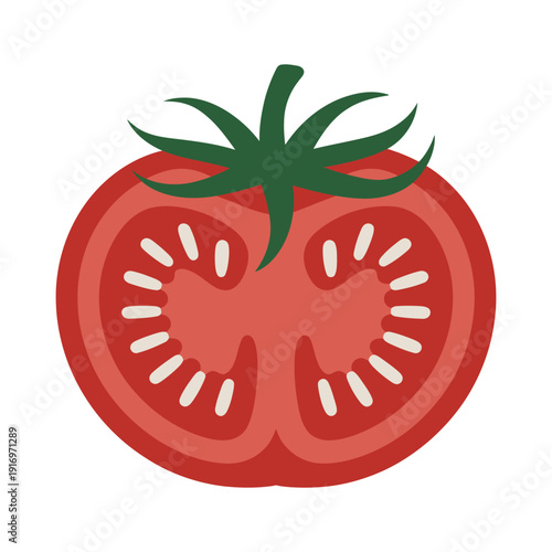 A vibrant illustration depicts a halved red tomato with visible seeds and a green stem
