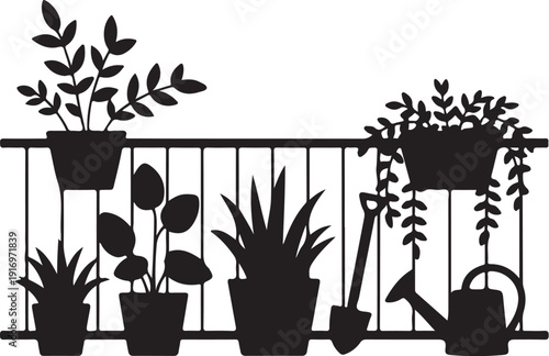 Black and white of potted plants and gardening tools on a balcony