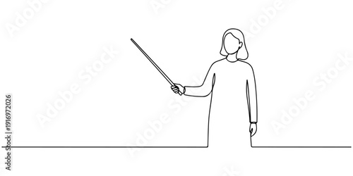 Continuous one line of a teacher holding a pointer stick, drawn illustration.