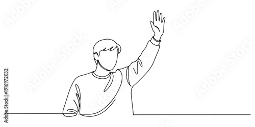 Continuous one line of a student raising their hand, drawn illustration.