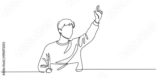 Continuous one line of a student raising their hand, drawn illustration.