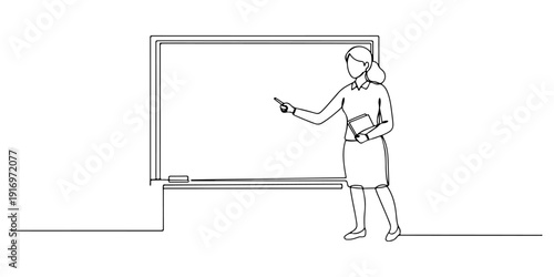 Continuous one line of a teacher pointing at a chalkboard, drawn illustration.