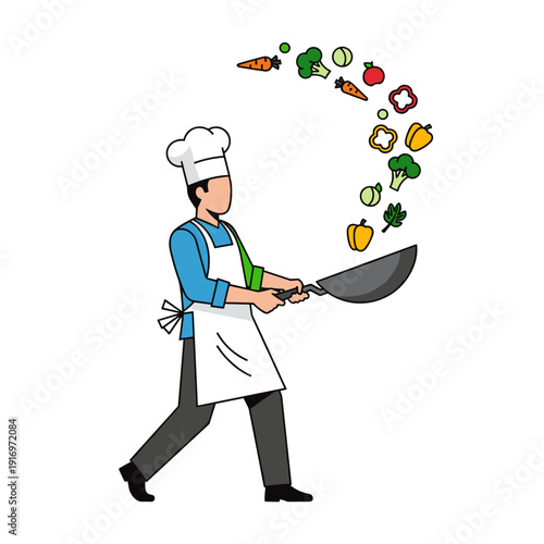Chef tossing vegetables in a frying pan with colorful ingredients  
