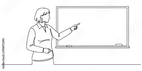 Continuous one line of a teacher pointing at a chalkboard, drawn illustration.