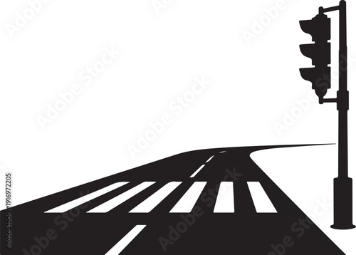 Black and white road with crosswalk and traffic light
