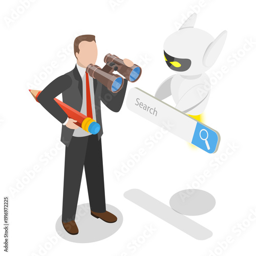 3D Isometric Flat Vector Illustration of AI Search, Artificial Intelligence Robot Answer Questions. Item 2