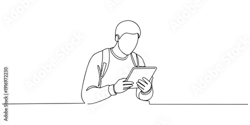 Continuous one line of a student reading a tablet, drawn illustration.
