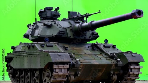 Front View Heavy Battle Tank Rotating Turret on Vibrant Green Screen