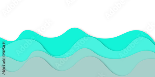 Fresh teal and turquoise layered waves flowing smoothly across a soft background, 3D paper cut style with gentle shadows, clean modern abstract design.