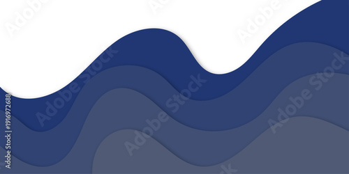 Deep navy and slate blue layered waves flowing in smooth curves across a light background, 3D paper cut effect with soft shadows and modern minimalist style.