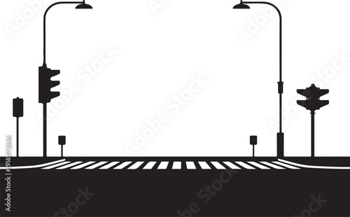 Black and white street crossing with traffic lights and pedestrian signals