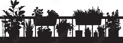 Black and white silhouette of potted plants on a balcony