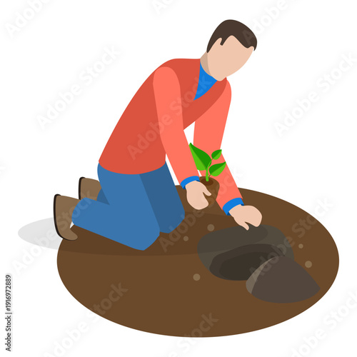 3D Isometric Flat Vector Illustration of Home Garden, Gardening Tools For Soil Preparation And Planting By People. Item 2