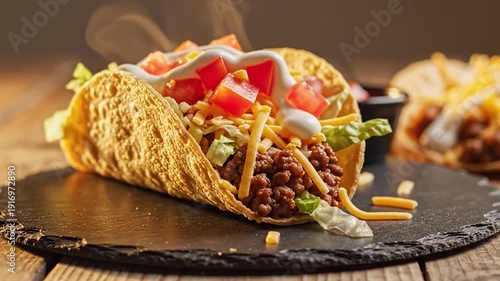 A delicious and hearty taco filled with ground beef, lettuce, tomatoes, and cheese.