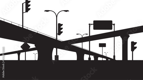 Black and white traced of an overpass and traffic lights