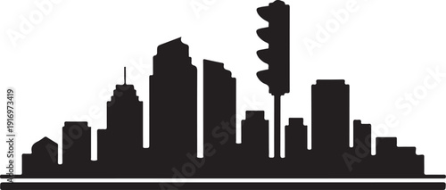 Black silhouette city skyline with traffic light buildings