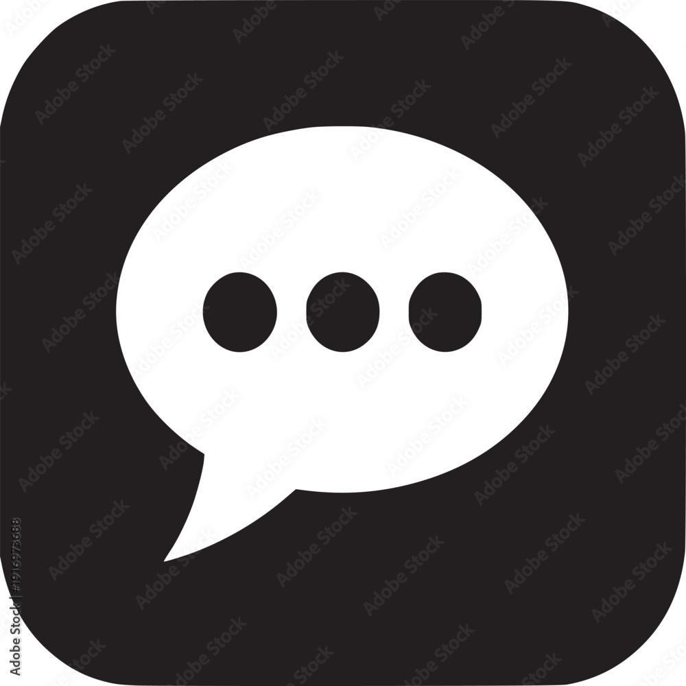 Fototapeta premium A black square with rounded corners containing a white speech bubble with three black dots inside it