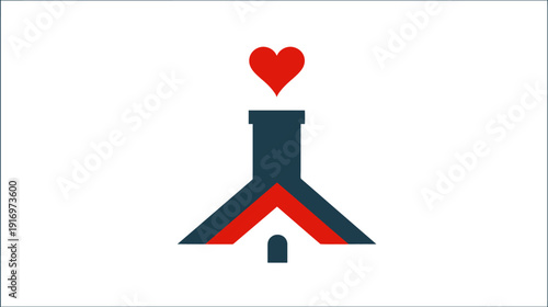 A simple illustration of a house with a red roof, chimney, and heart-shaped vapor rising