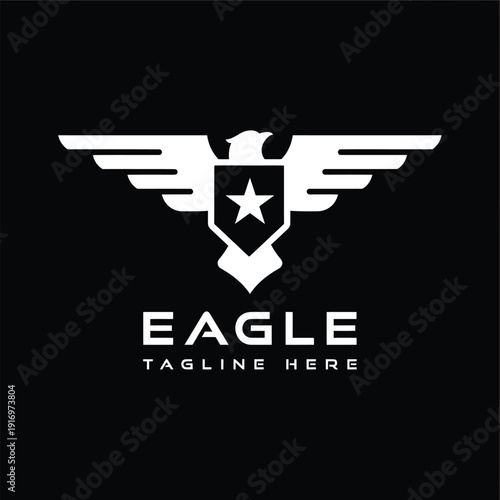 Minimalist white eagle logo with outstretched wings and a star shield emblem on a black background representing strength and security for corporate branding and military identity AI Generative
