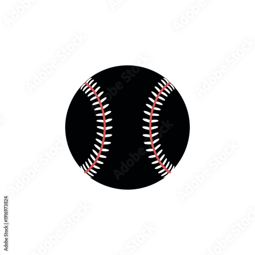 A black baseball with red and white stitching on a plain white background