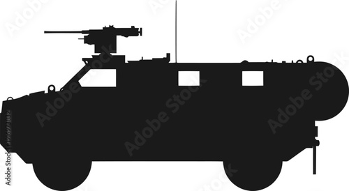 Side view profile black silhouette illustration of a modern wheeled armored personnel carrier military vehicle with a roof mounted heavy machine gun for army defense concepts AI Generative
