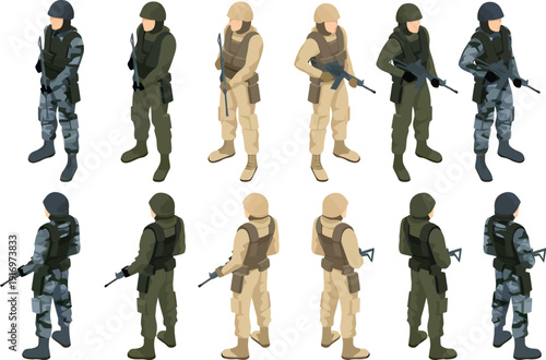 Isometric 3D collection set of professional military soldier characters in various tactical uniforms and camo gear holding rifles from front and back views for game assets and defense AI Generative
