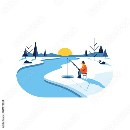 Man ice fishing on frozen lake during winter sunset  